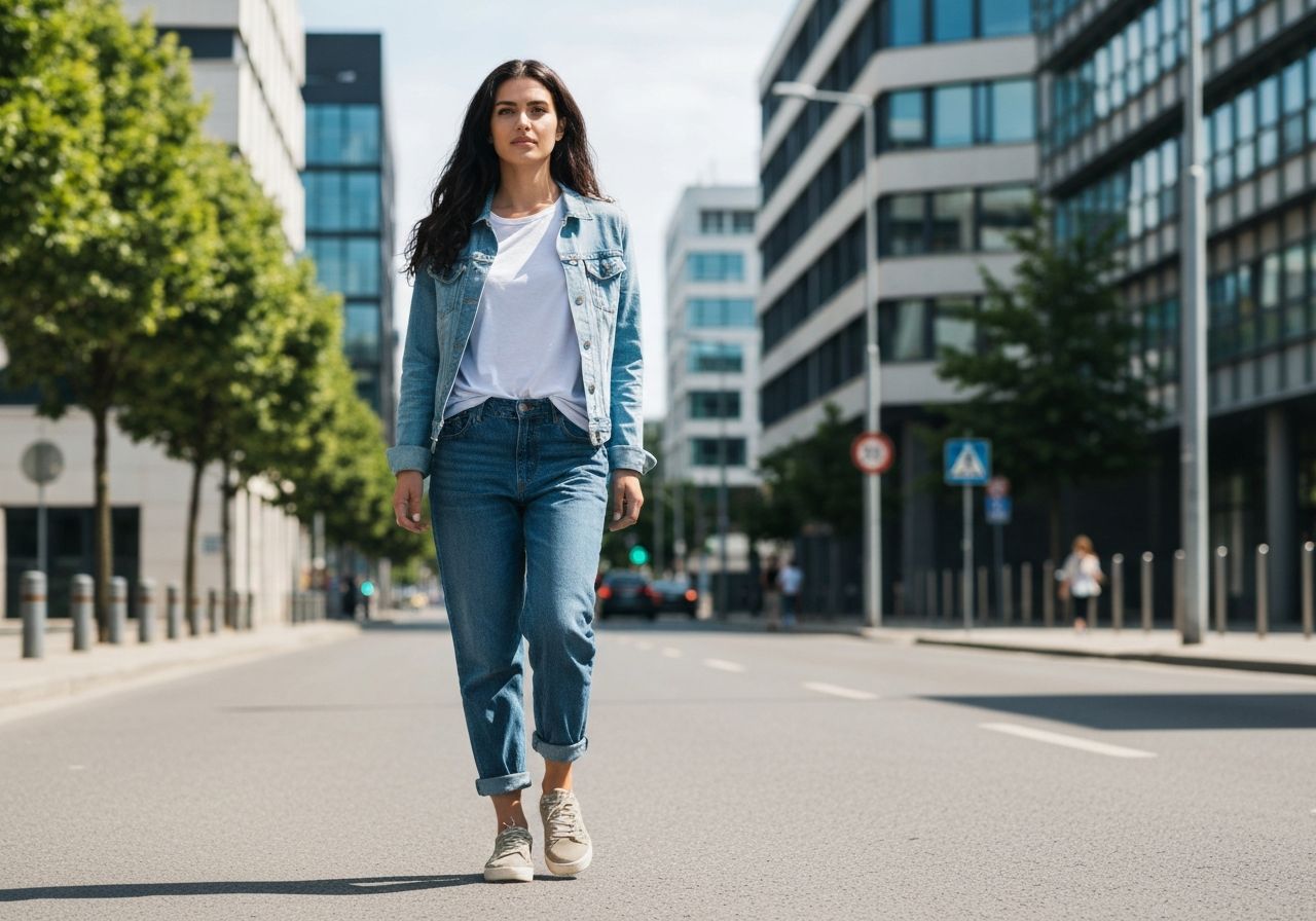 Młoda kobieta w jeansach boyfriend, białym t-shircie i kurtce jeansowej idzie ulicą miasta w dzień.